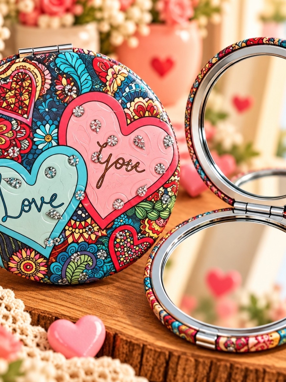 Compact Pocket Mirror with Pink and Aqua Heart Design